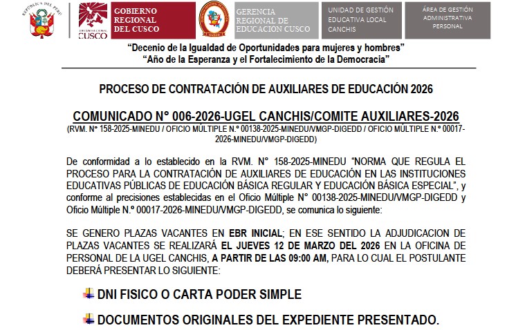 PROCESO DE CONTRATACIÓN DE AUXILIARES DE EDUCACIÓN 2026 COMUNICADO N° 006-2026-UGEL CANCHIS/COMITE AUXILIARES-2026